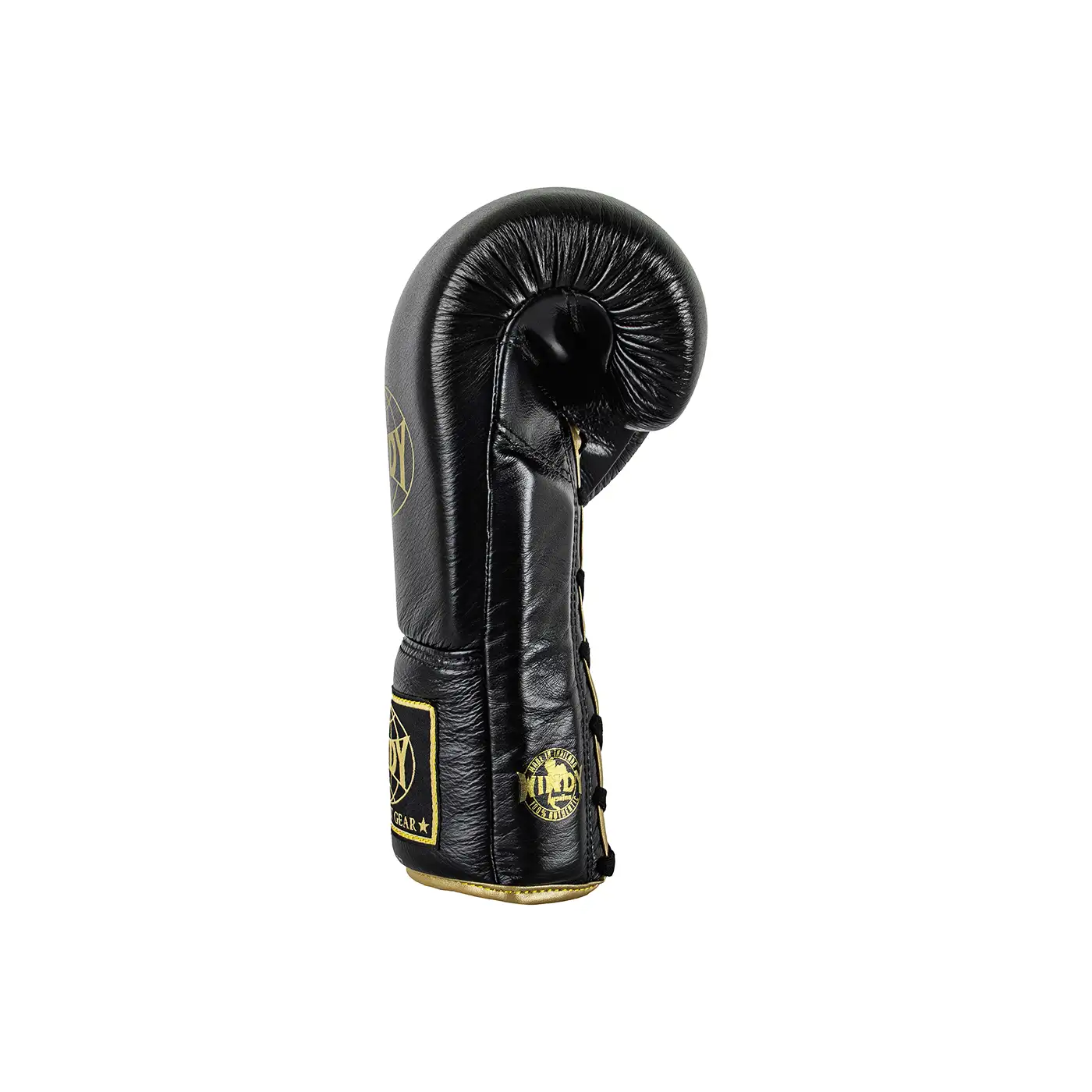 Vista lateral derecha del guante Windy con cordones negro con dorado